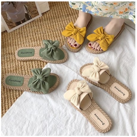 【3色展開】ボウタイ 履きやすい サンダル 合わせやすい スリッパ 蝶結び 夏 華やか クラシカル レトロ