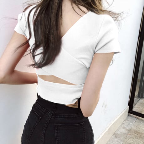 セクシー 大人女子 Vネック 半袖 ファッション 無地 着回し Tシャツ へそ出しコーデ