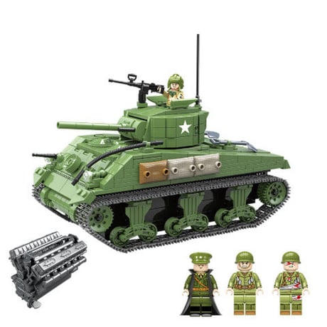 レゴ互換 戦車 SHERMAN (シャーマン) M4A1 ミニフィグ 4体 アメリカ軍 軍用車両 第二次世界大戦 戦争 軍隊 兵士 兵隊 ミリタリー LEGO風 知育 ブロック セット