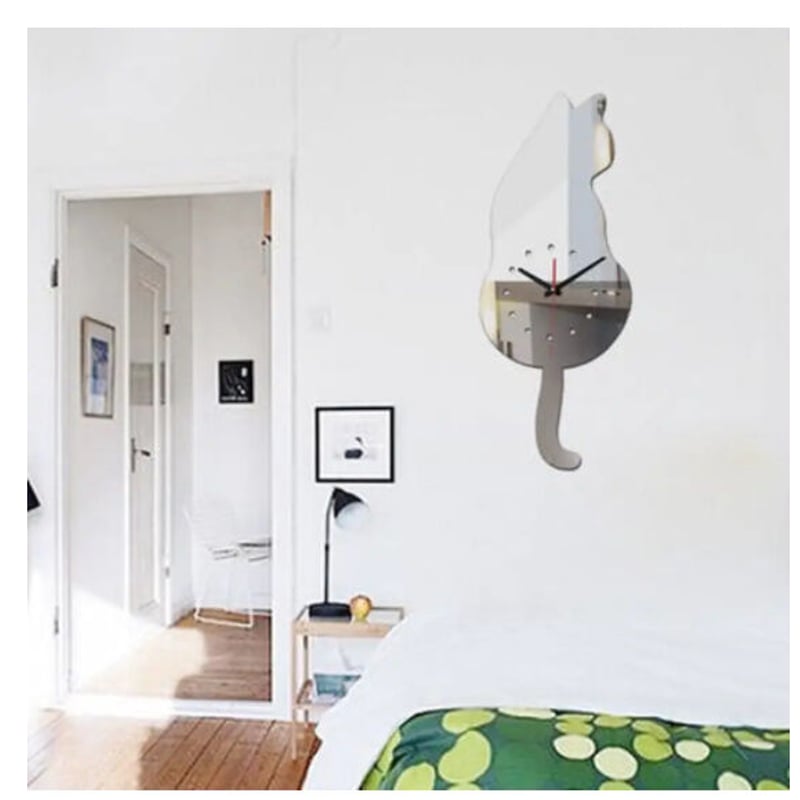 時計 壁掛け 鏡 ミラー 猫の後ろ姿 デザイナーズ 北欧モダン DIY