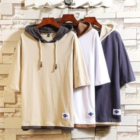 メンズ カレッジ 半袖 フード付き トップス Tシャツ