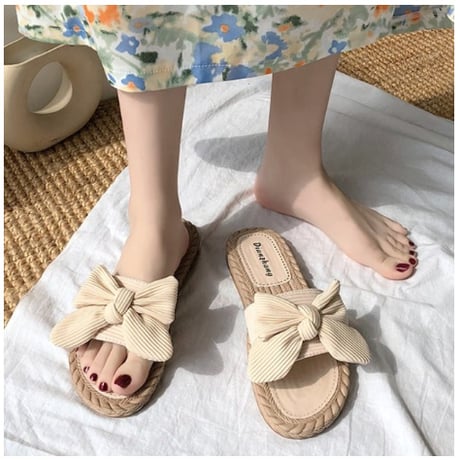 【3色展開】ボウタイ 履きやすい サンダル 合わせやすい スリッパ 蝶結び 夏 華やか クラシカル レトロ