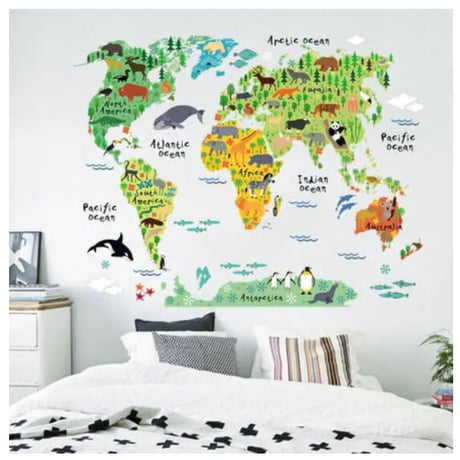 ウォールステッカー 世界地図 カラフル 動物 英語 お洒落シール DIY キッチン 寝室 リビング 書斎 子供部屋