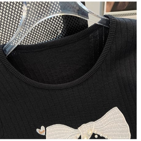 【2色展開】ビーズ リボン サマー ニット Tシャツ 着回し キュート CP1545