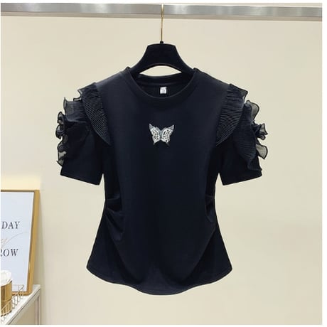 【2色展開】フリル 半袖 蝶 フリル系女子 甘すぎない ポイントフリル Ｔシャツ CP-454