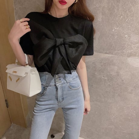 美人度アップ ラウンドネック 半袖 ファッション 蝶々結び  キュート 夏 Tシャツ