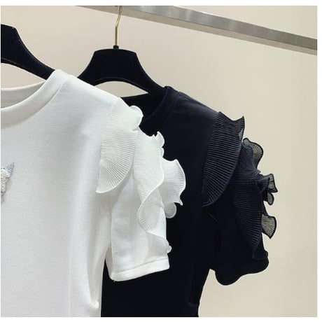 【2色展開】フリル 半袖 蝶 フリル系女子 甘すぎない ポイントフリル Ｔシャツ CP-454