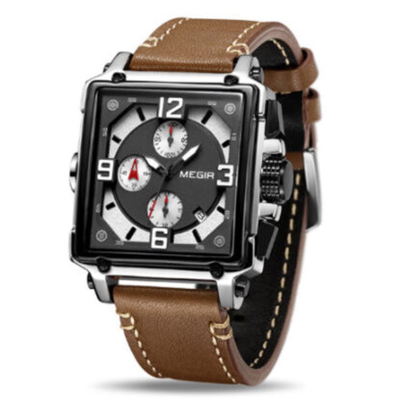 MEGIR】 四角 腕時計 メンズ ミリタリー クロノグラフ レザーバンド 3