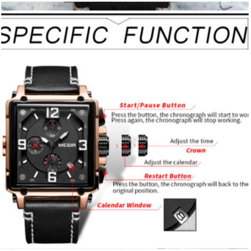 MEGIR】 四角 腕時計 メンズ ミリタリー クロノグラフ レザー