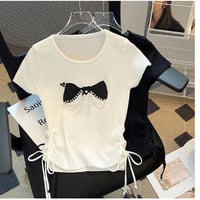 【2色展開】ビーズ リボン サマー ニット Tシャツ 着回し キュート CP1545