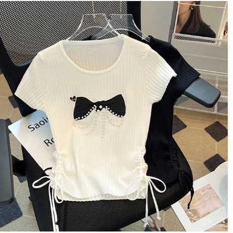 【2色展開】ビーズ リボン サマー ニット Tシャツ 着回し キュート CP1545