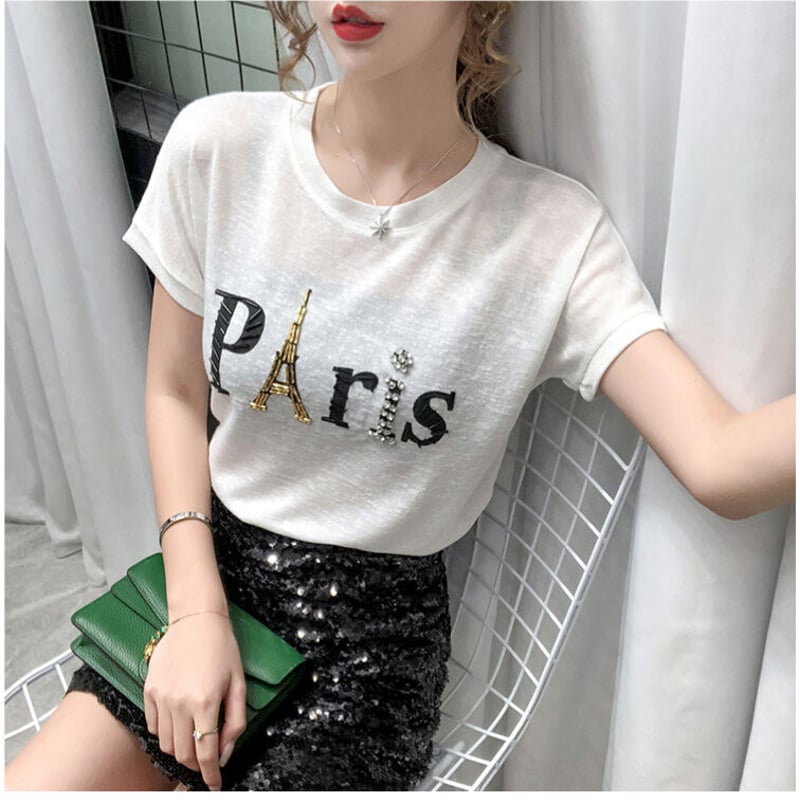 アニエスベー　フォト　エッフェル塔　Tシャツ 4色展開 ラウンドネック 半袖 エッフェル塔 PARIS ファッション T