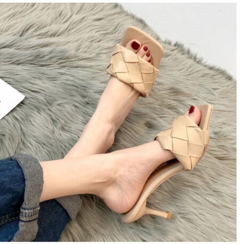 靴 サンダル ミュール スクエアトゥ ミドルヒール ヒール PU