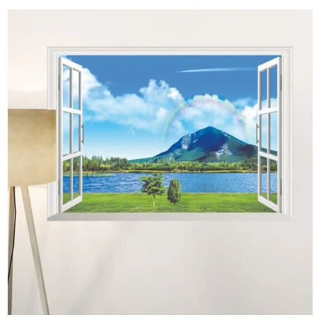 ３Dウォールステッカー 窓からの景色 山湖 自然 虹 お洒落シール DIY キッチン 寝室 リビング 書斎 子供部屋