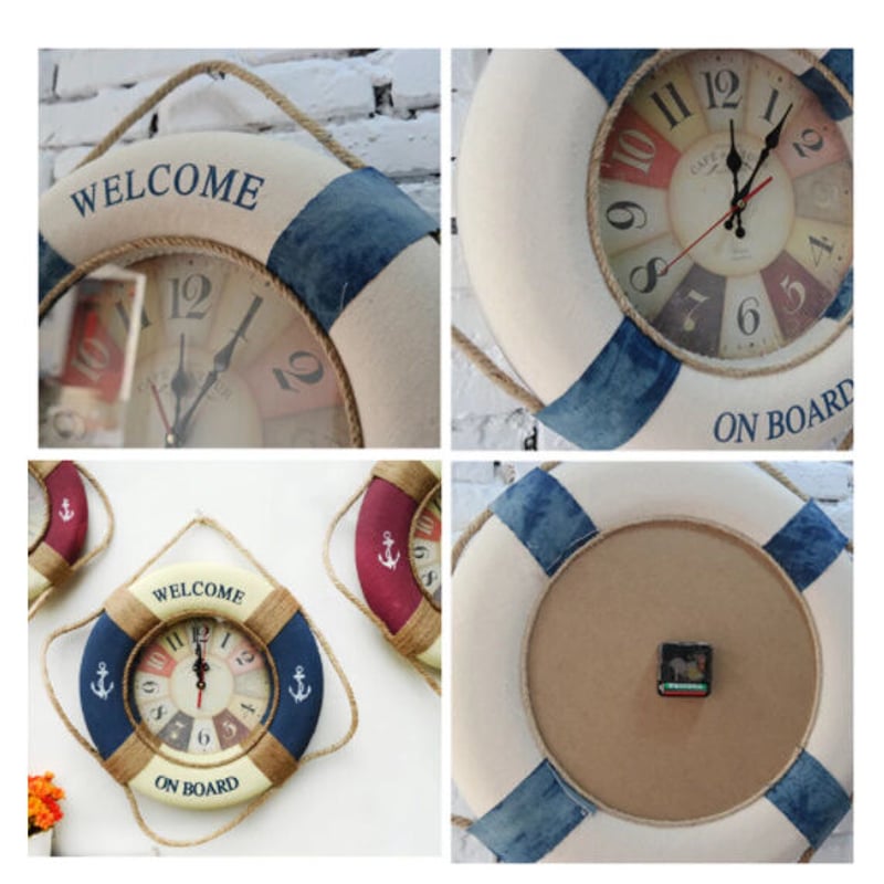 時計 壁掛け 木製 マリン 麻ロープ 浮き輪 海 DIY お洒落 かわいい