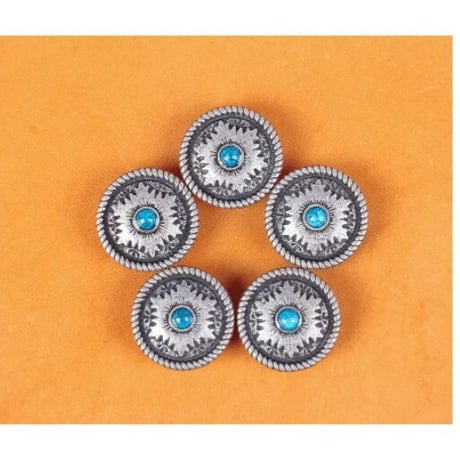 レザークラフト 10個セット 26 × 26mm アンティークシ ルバー フラワー ターコイズカラー  サドルコンチョ