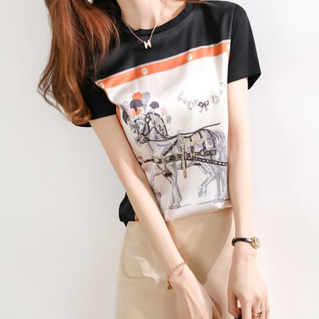 ラウンドネック 半袖 ファッション おしゃれ かわいい 花柄 配色 Tシャツ