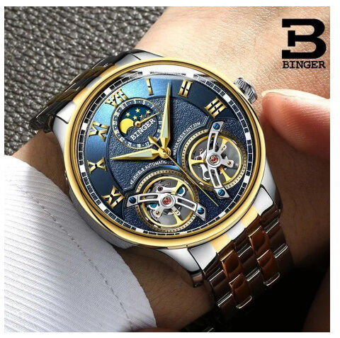 海外ブランド BINGER 高級トゥールビヨン 自動巻き ムーン