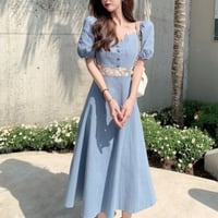 レトロ デザイン 着痩せ 透かし彫り スウィート スクエア ネックパフスリーブ ワンピース ブルー 大人女子
