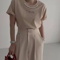 半袖トップス レディース 韓国ファッション 大人可愛い 大人カジュアル カジュアル 大人っぽい パール エレガント 夏コーデ 夏ファッション