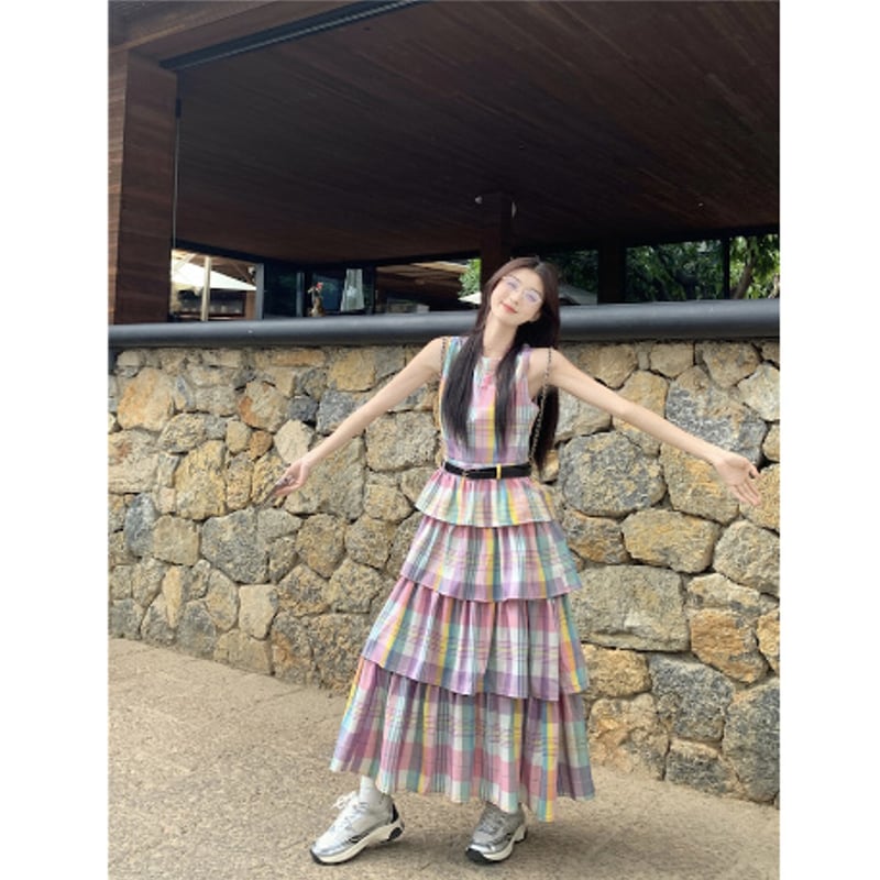 チェック柄 ノースリーブ ワンピース カラフル かわいい 旅行 デート