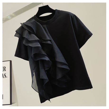 韓国風 シフォン フリル Tシャツ エレガント 大人女子 セクシー