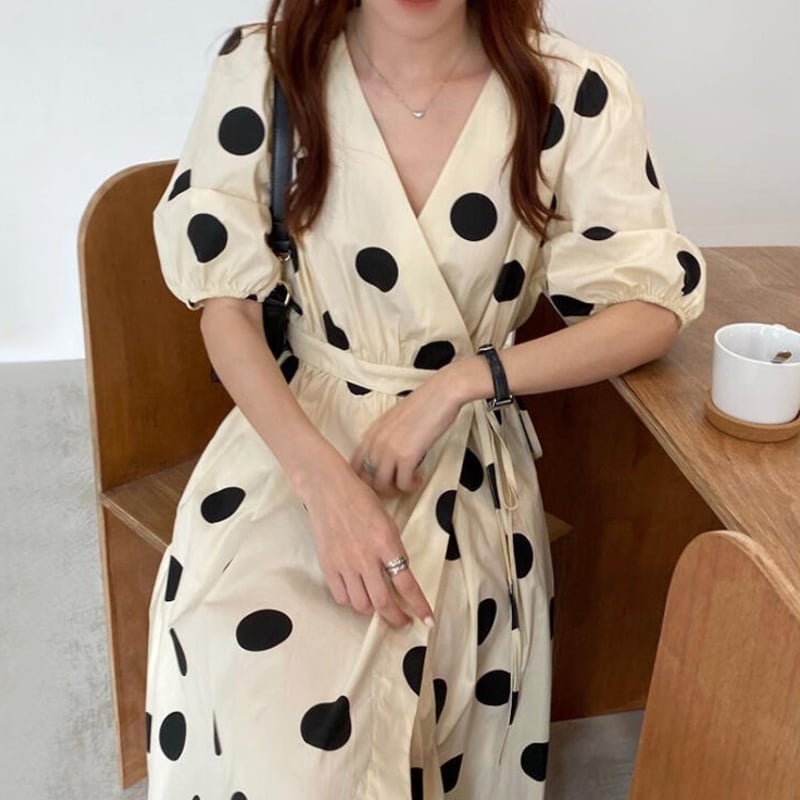 レトロ 韓国風 ドローストリング ドット柄 ワンピース 大人可愛い 夏