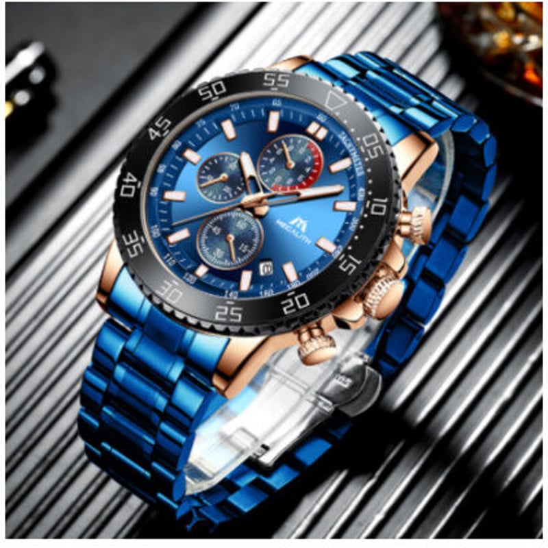 MEGALITH】 海外高級ブランド クロノグラフ 防水 メンズ腕時計