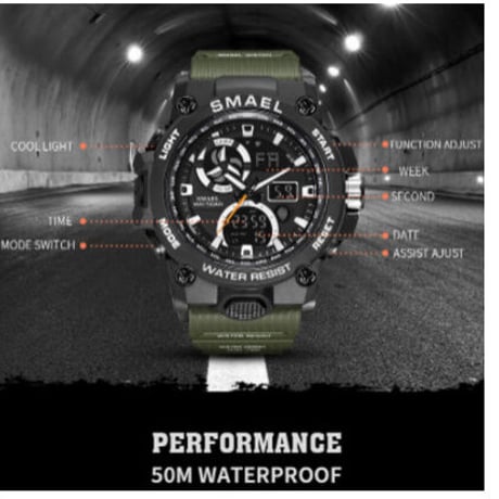 【S-SHOCK】 SMAEL スポーツ 腕時計 50m防水 メンズ クォーツ デジタル表示付き LED 腕時計 ミリタリー 日付表示 クロノグラフ 8011 【3色展開】