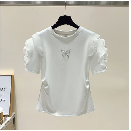 【2色展開】フリル 半袖 蝶 フリル系女子 甘すぎない ポイントフリル Ｔシャツ CP-454