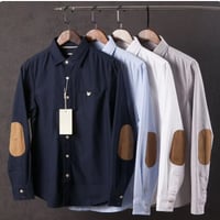 【4色展開】シンプル エルボーパッチ パッチワーク 肘当て オックスフォード コットン 長袖シャツ ビジネス カジュアル