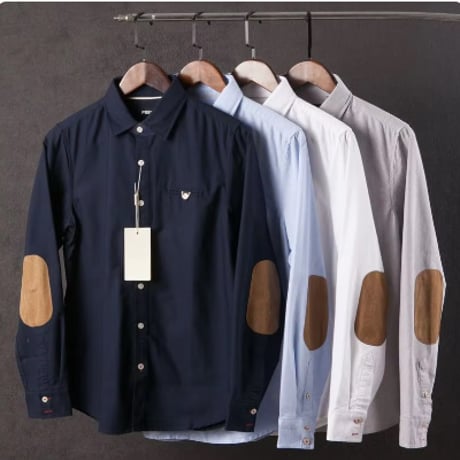 【4色展開】シンプル エルボーパッチ パッチワーク 肘当て オックスフォード コットン 長袖シャツ ビジネス カジュアル