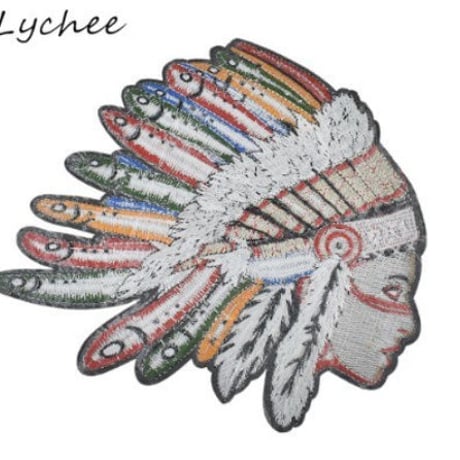 24cm  カラフル インディアンヘッド フェザー 刺繍  アップリケ パッチ