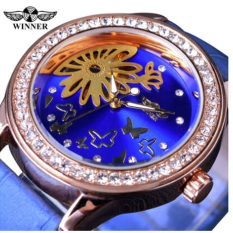 T-WINNER レディース腕時計 蝶 スケルトン 手巻き 機械式 青 レザーバンド 海外トップブランド ダイアモンドのような輝き 優雅 エレガント