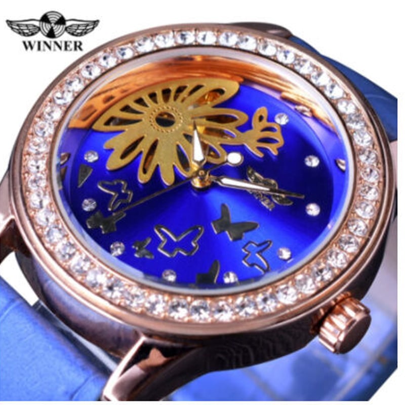 T-WINNER レディース腕時計 蝶 スケルトン 手巻き 機械式 青 レザー