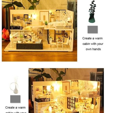 ドールハウス ミニチュアハウス 洋室ピアノ ベッド ダイニングテーブル キッチン ライトアップ プレゼント 知育