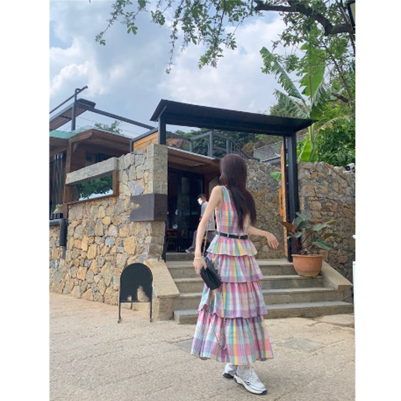 チェック柄 ノースリーブ ワンピース カラフル かわいい 旅行 デート