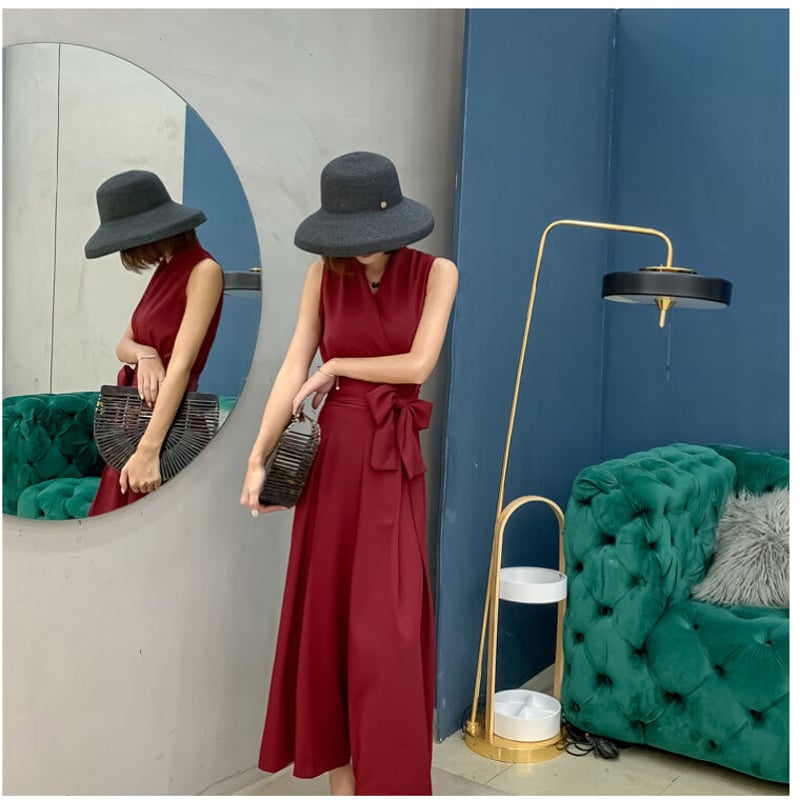 Vネック ノースリーブ 無地 ウエスト 絞り ハイウエスト 大人女子 夏