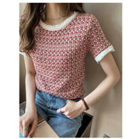 レディース Tシャツ ラウンドネック パッチワーク ニット生地 カットオフ レッド サマーニット 春 夏 お出かけ デート 女子会 アウトドア