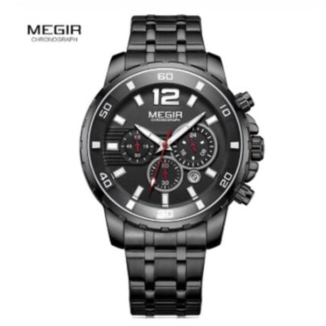 MEGIR 腕時計 メンズ ストップウォッチ クロノグラフ クォーツ 防水 発光 ステンレスバンド ビジネス 2068GGD-2N3 3色展開
