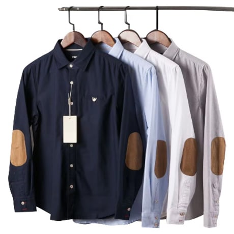 【4色展開】シンプル エルボーパッチ パッチワーク 肘当て オックスフォード コットン 長袖シャツ ビジネス カジュアル