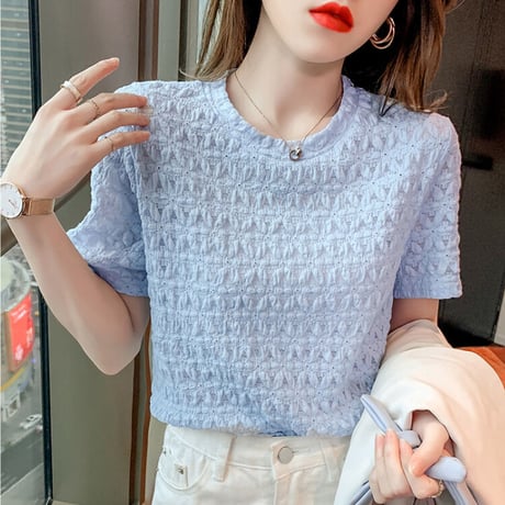 スウィート エレガント 大人可愛い 半袖 ラウンドネック 着回し 無地 ファッション Tシャツ