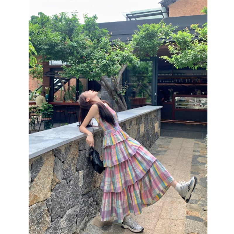 チェック柄 ノースリーブ ワンピース カラフル かわいい 旅行 デート