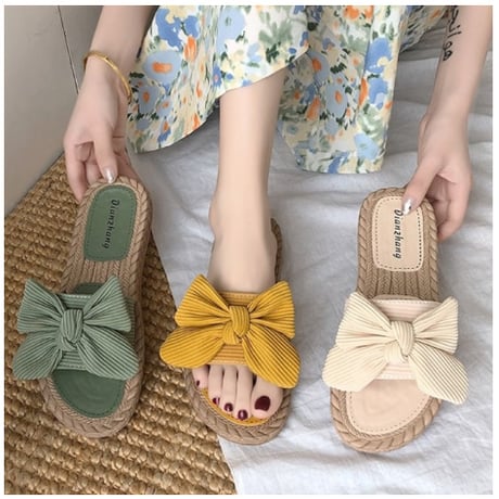 【3色展開】ボウタイ 履きやすい サンダル 合わせやすい スリッパ 蝶結び 夏 華やか クラシカル レトロ