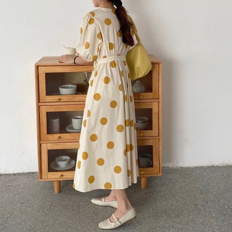 レトロ 韓国風 ドローストリング ドット柄 ワンピース 大人可愛い 夏 ファッション