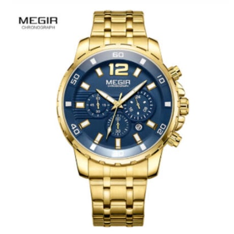 MEGIR 腕時計 メンズ ストップウォッチ クロノグラフ クォーツ 防水 発光 ステンレスバンド ビジネス 2068GGD-2N3 3色展開