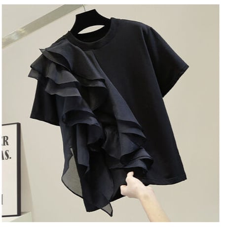 韓国風 シフォン フリル Tシャツ エレガント 大人女子 セクシー