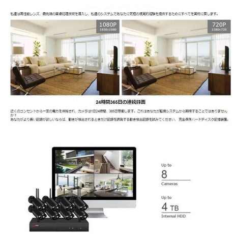 ワイヤレスCCTVシステム カメラ８台セット 1080p 8ch NVRキット HD カメラ wifiホームセキュリティ ナイトビジョン ビデオ監視キット カラー２色展開