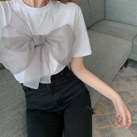 美人度アップ ラウンドネック 半袖 ファッション 蝶々結び  キュート 夏 Tシャツ