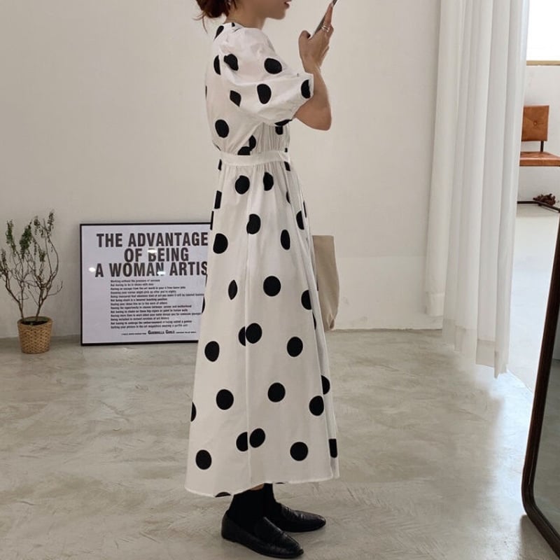 レトロ 韓国風 ドローストリング ドット柄 ワンピース 大人可愛い 夏